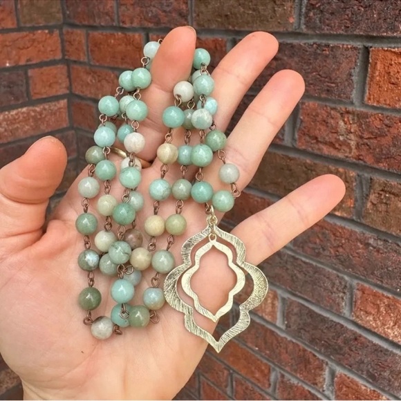 Anthropologie Amazonite Natural Stone Lotus Necklace - Picture 2 of 5